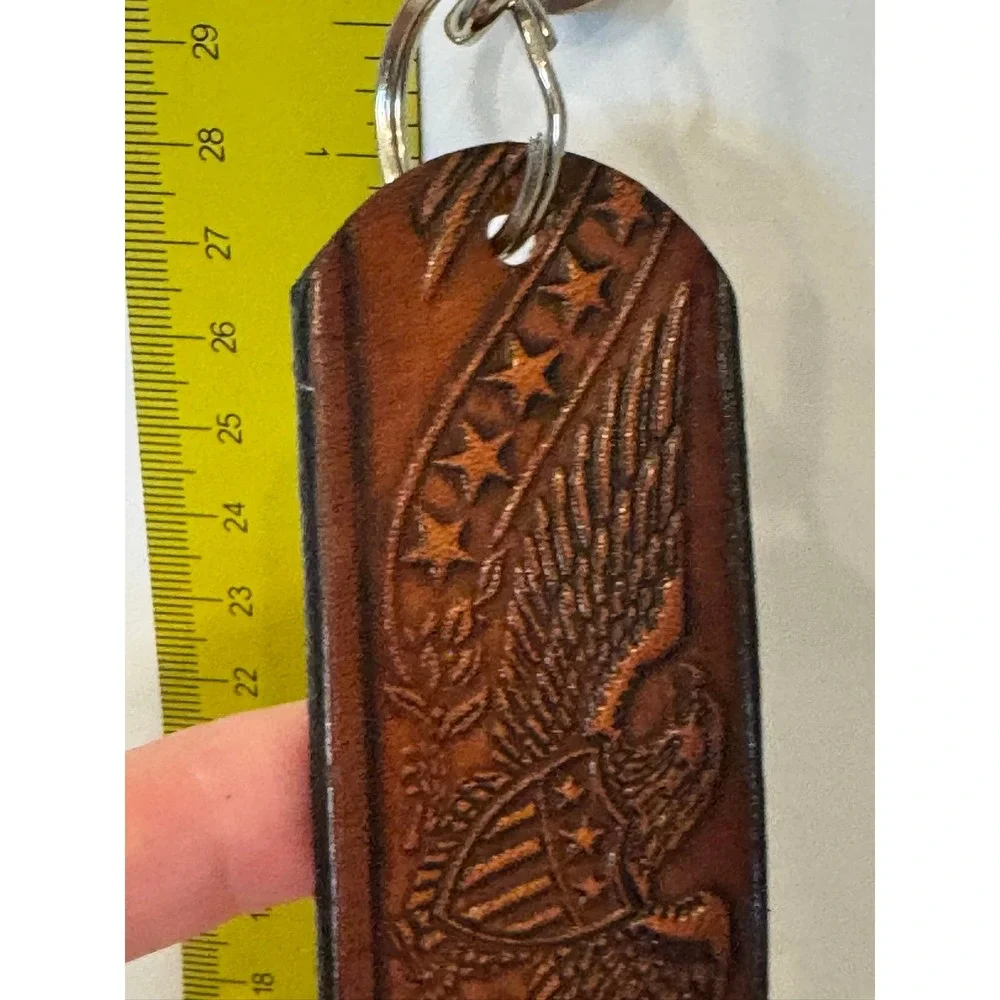 Ropin the West Tooled Leather Eagle Keychain Brown Patriotic Western Made in USA